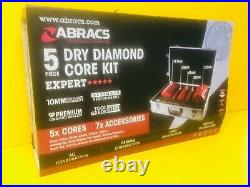 ABRACS DRY DIAMOND CORE DRILL BIT KIT 5PC (42-127mm) MASONRY BRICK + ADAPTORS